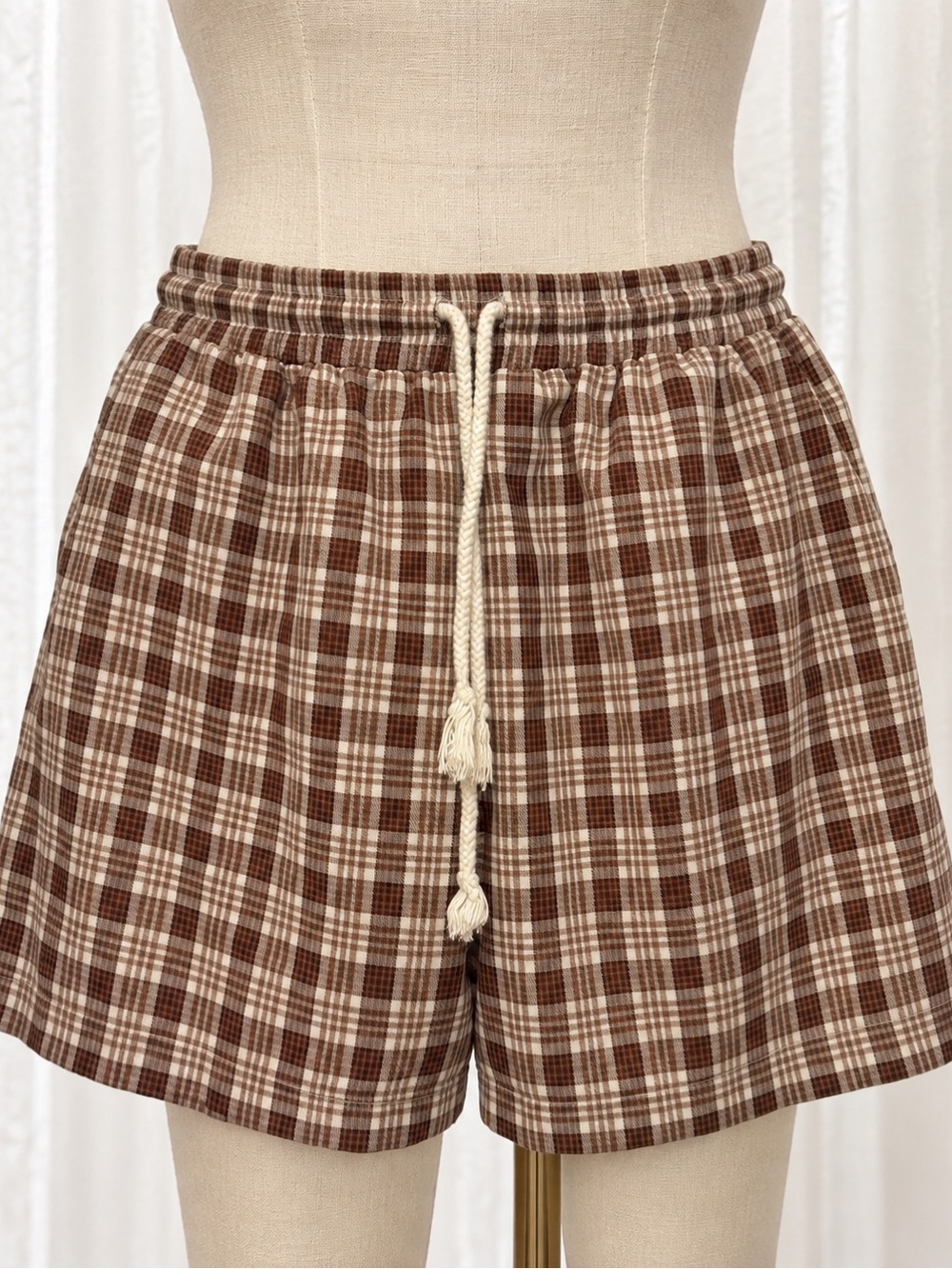 Forever 21 Brown and Cream Plaid Drawstring Shorts